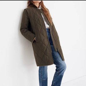 Madewell Quilted Military Coat, Olive Green, Long Bomber Jacket, Size Large